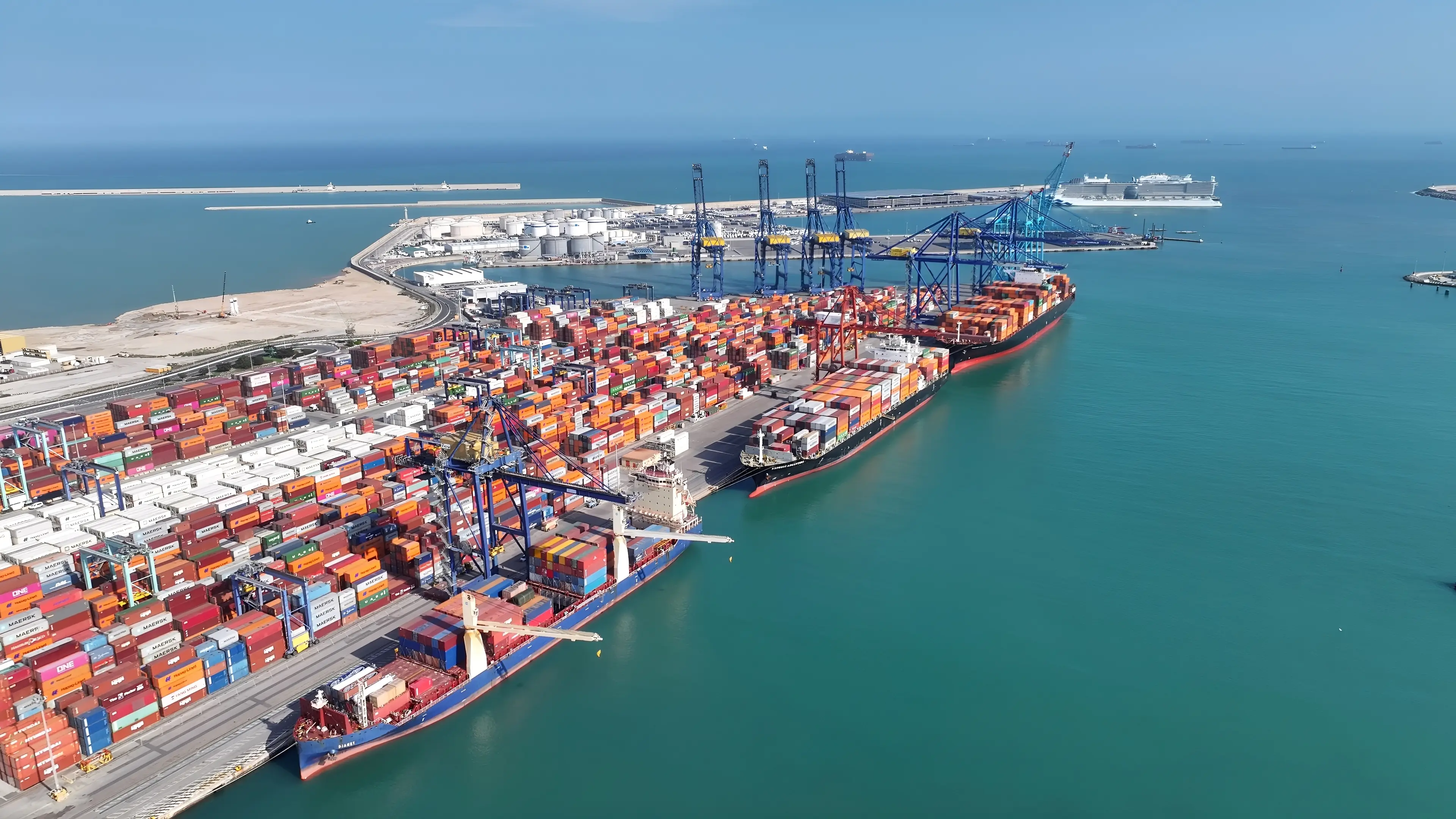 Port Of Valencia At Valencia In Comunidad Valenciana Spain. Freight Ship. Maritime Transport. Port Of Valencia At Spain. Exchange Landscape. Trade Market Scenery.